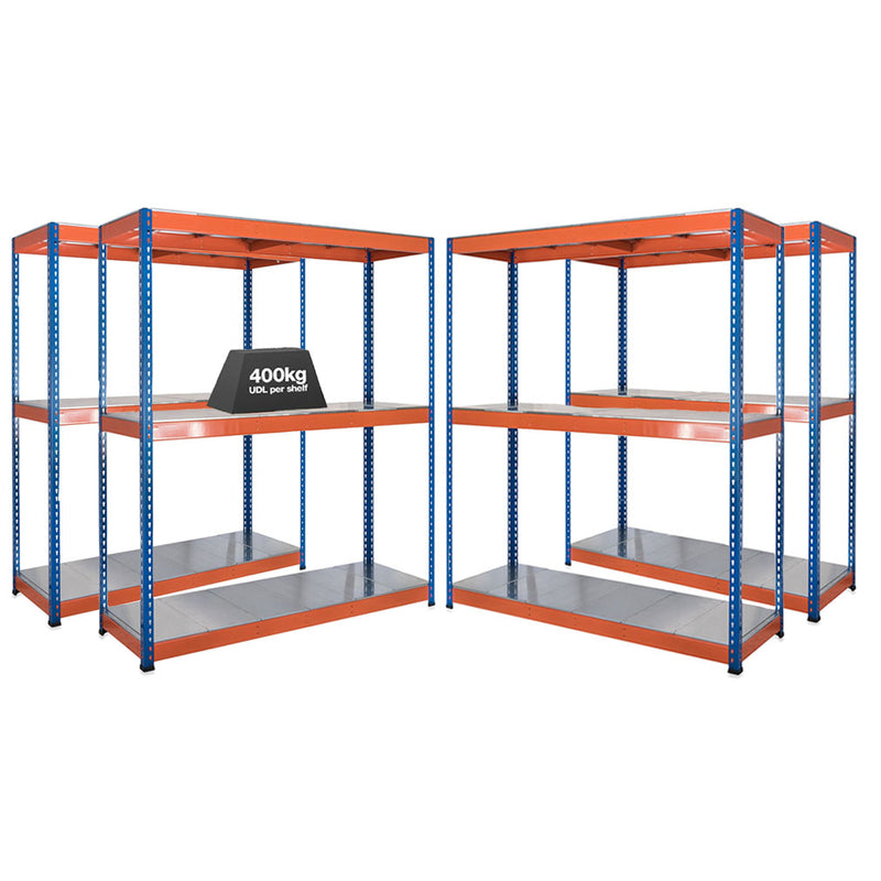 4x SX400 Industrial Shelving - 1980mm High - 400kg - Steel - Blue & Orange