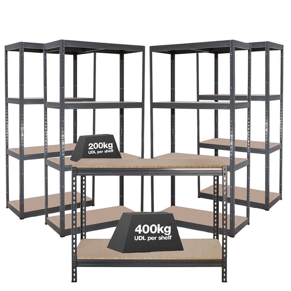 4x VRS Shelving Units - 1600mm High & 1x Workbench - 1200mm Wide - Grey