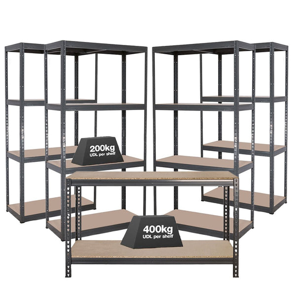 4x VRS Shelving Units - 1600mm High & 1x Workbench - 1600mm Wide - Grey