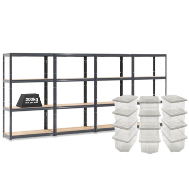 4x VRS Shelving Units - 1600mm High - Grey with 12x 60L Wham Plastic Storage Boxes
