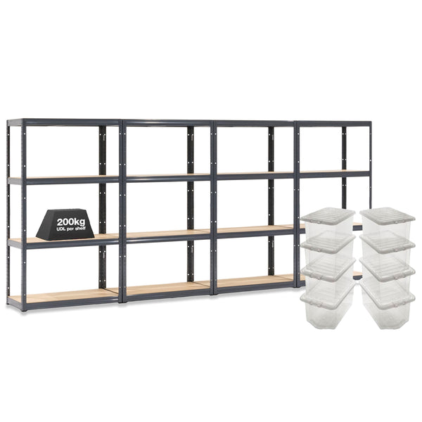 4x VRS Shelving Units - 1600mm High - Grey with 8x 60L Wham Plastic Storage Boxes