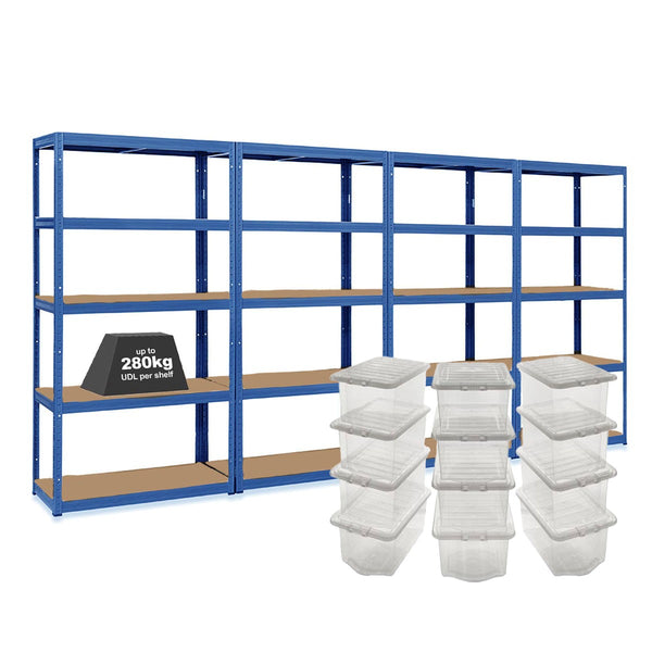 4x VRS Shelving Units - 1800mm High - Blue with 12x 60L Wham Plastic Storage Boxes