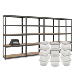 4x VRS Shelving Units - 2130mm High - Grey with 12x 60L Wham Plastic Storage Boxes