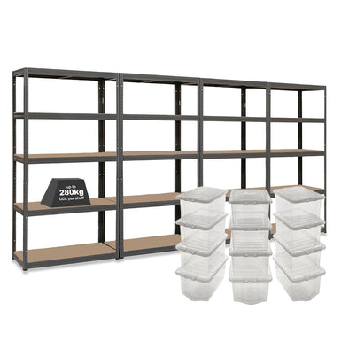 4x VRS Shelving Units - 1800mm High - Grey with 12x 60L Wham Plastic Storage Boxes