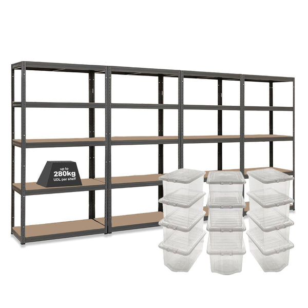 4x VRS Shelving Units - 2130mm High - Grey with 12x 60L Wham Plastic Storage Boxes