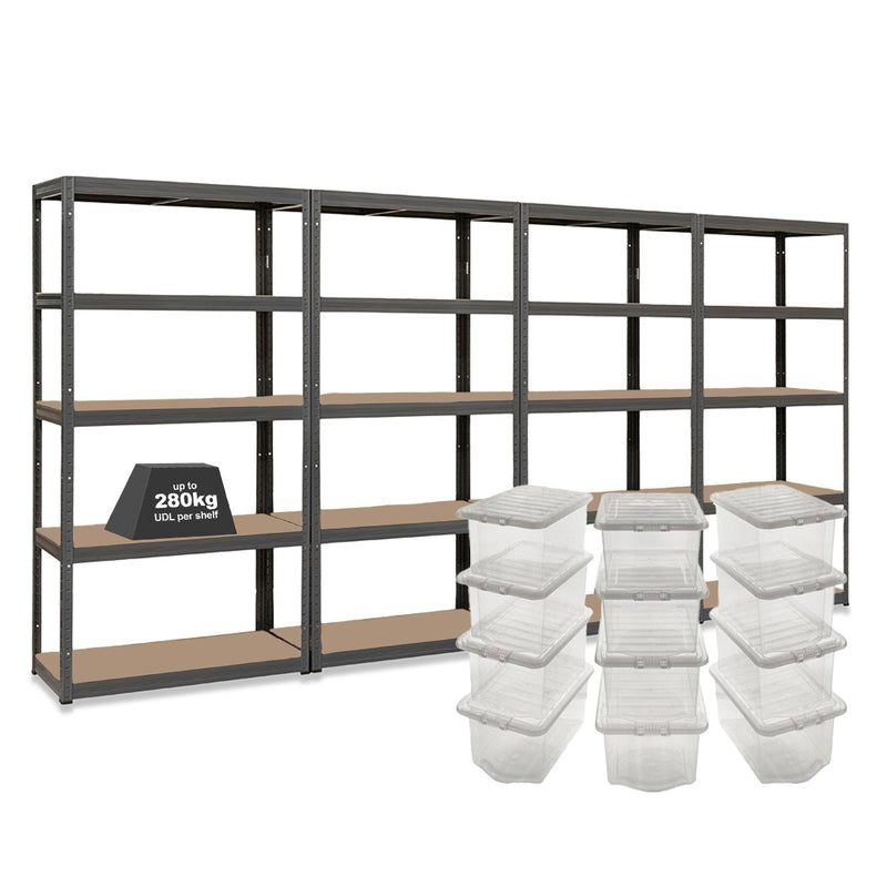 4x VRS Shelving Units - 2130mm High - Grey with 12x 60L Wham Plastic Storage Boxes