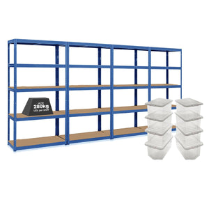 4x VRS Shelving Units - 1800mm High - Blue with 8x 60L Wham Plastic Storage Boxes