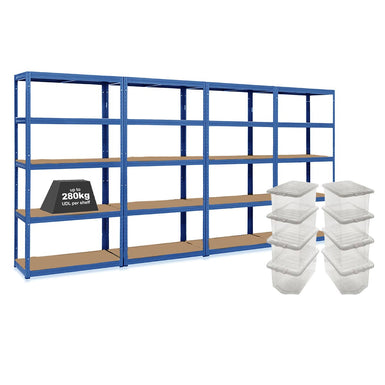 4x VRS Shelving Units - 1800mm High - Blue with 8x 60L Wham Plastic Storage Boxes