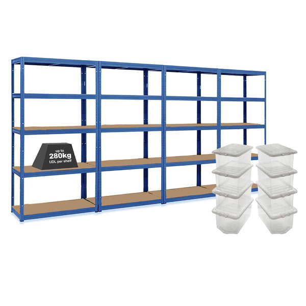 4x VRS Shelving Units - 1800mm High - Blue with 8x 60L Wham Plastic Storage Boxes