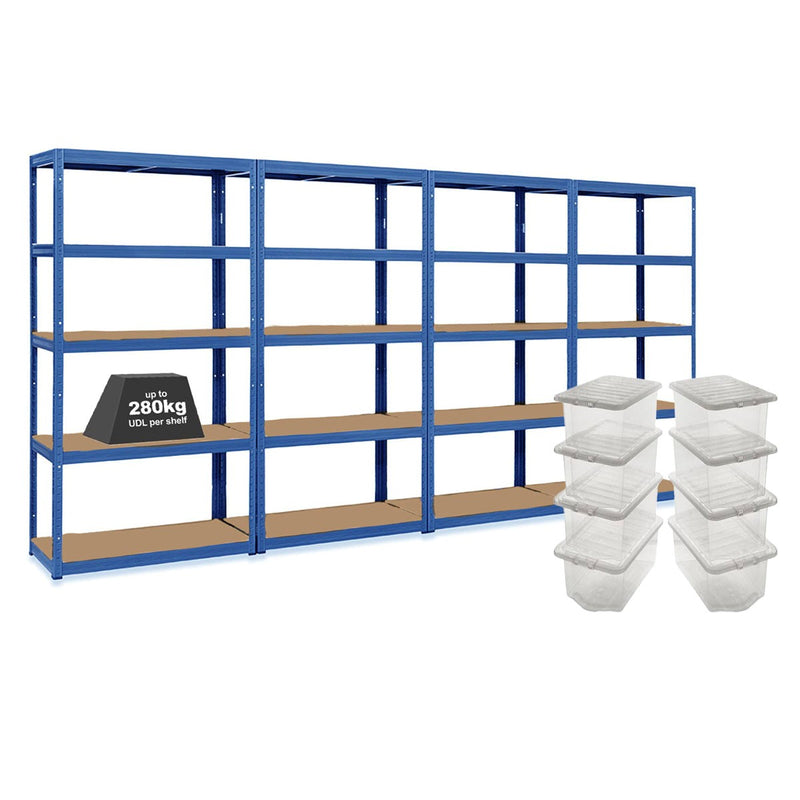 4x VRS Shelving Units - 1800mm High - Blue with 8x 60L Wham Plastic Storage Boxes
