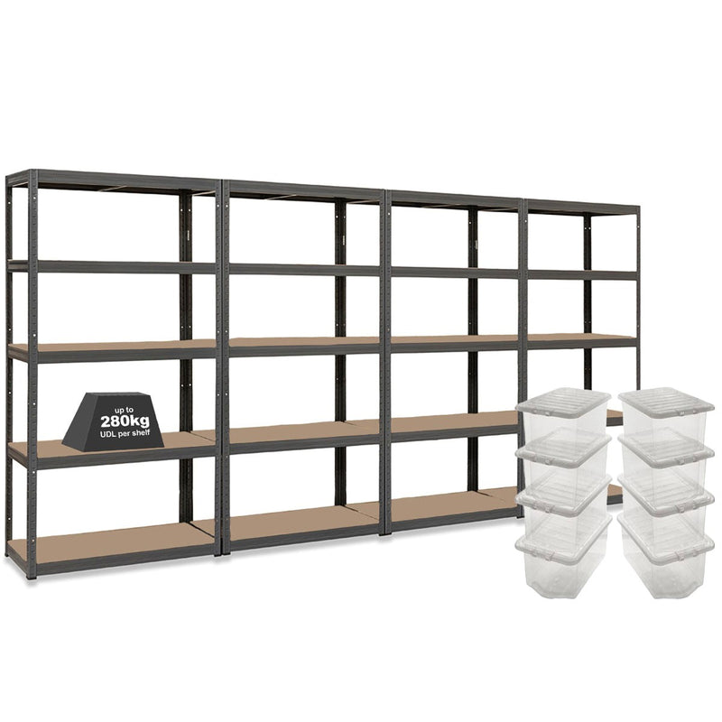 4x VRS Shelving Units - 2130mm High - Grey with 8x 60L Wham Plastic Storage Boxes