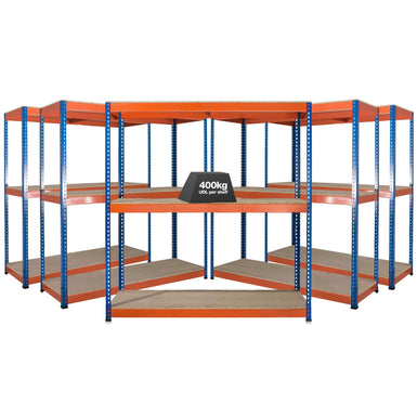 5x SX400 Industrial Shelving - 1980mm High - 400kg - Chipboard - Blue & Orange