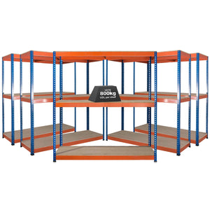 5x SX800 Industrial Shelving - 2440mm High - 800kg - Chipboard - Blue & Orange