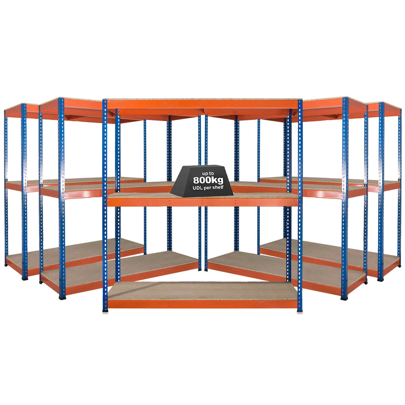 5x SX800 Industrial Shelving - 2440mm High - 800kg - Chipboard - Blue & Orange