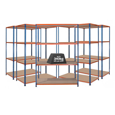 5x SX340 Industrial Shelving - 2440mm High - 340kg - Chipboard - Blue & Orange