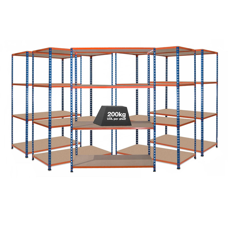 5x SX200 Industrial Shelving - 2440mm High - 200kg - Chipboard - Blue & Orange