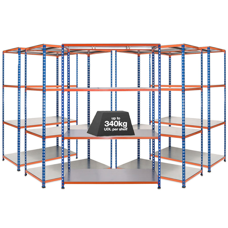 5x SX340 Industrial Shelving - 2440mm High - 340kg - Steel - Blue & Orange