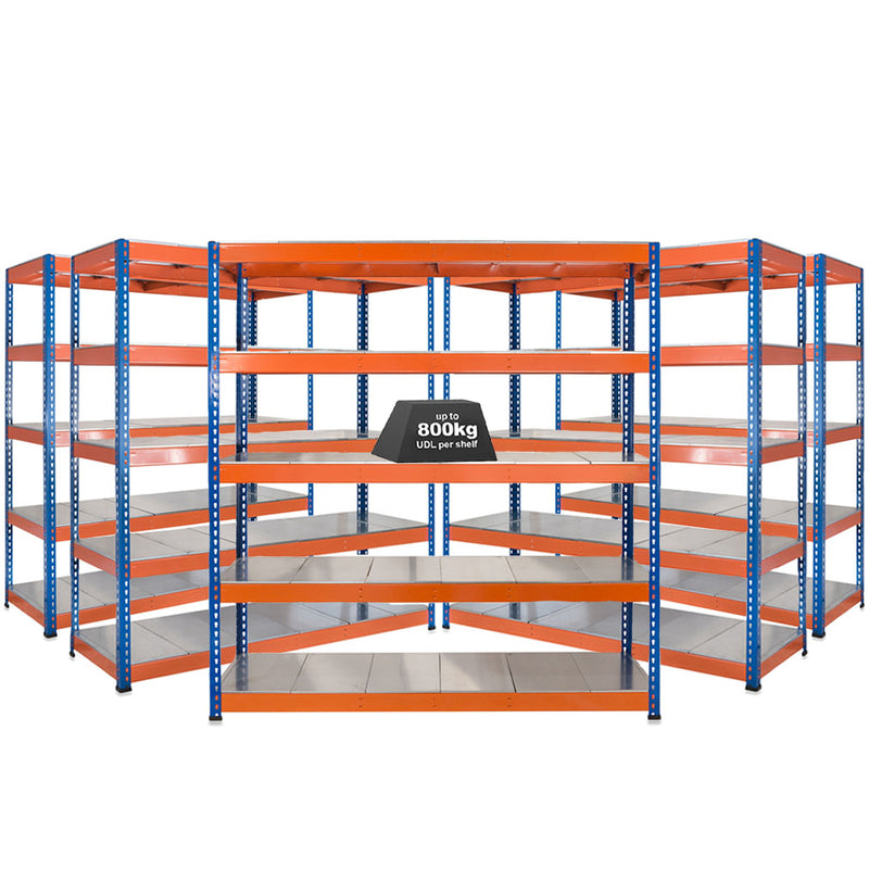 5x SX800 Industrial Shelving - 3050mm High - 800kg - Steel - Blue & Orange