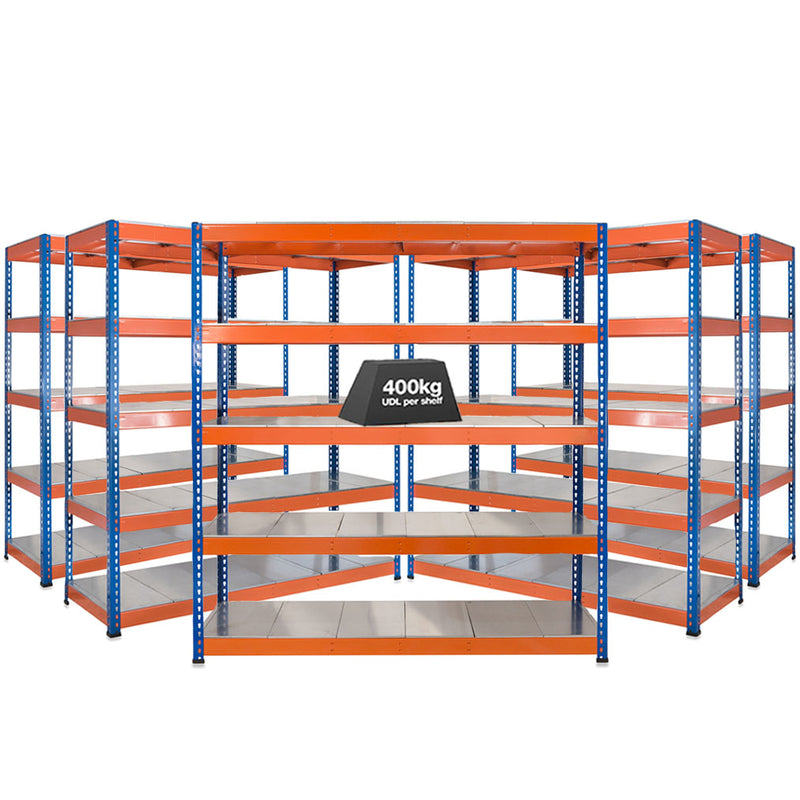 5x SX400 Industrial Shelving - 1677mm High - 400kg - Steel - Blue & Orange
