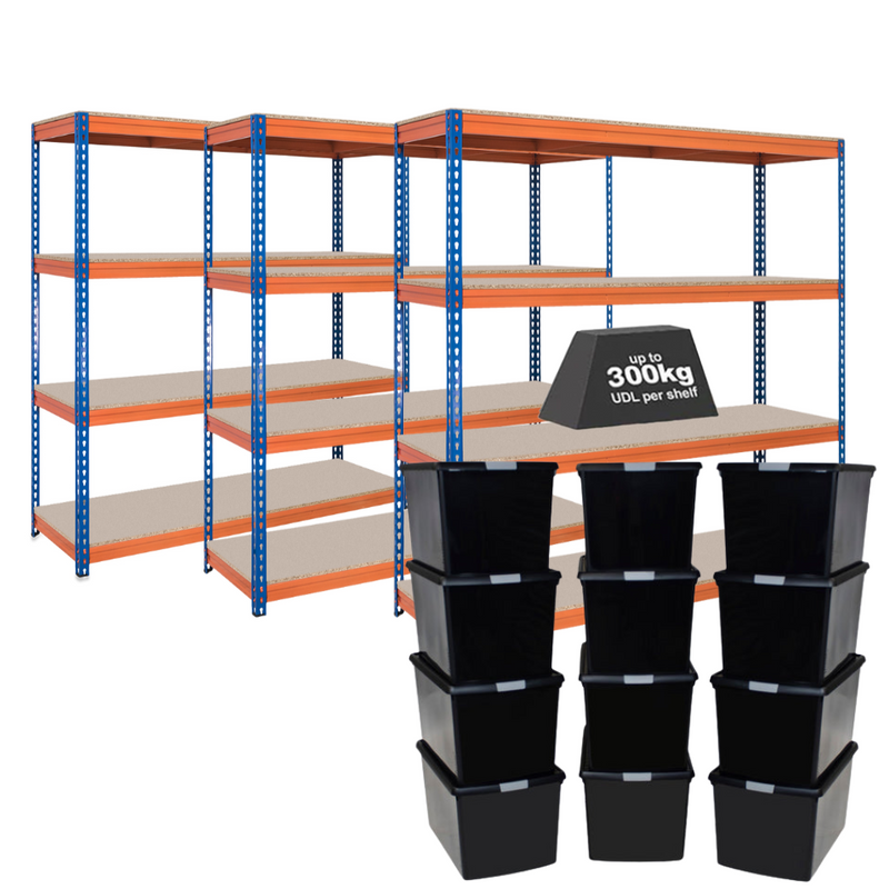 3x CRW Heavy Duty Shelving - 1600mm High - Blue & Orange with 12x 37L Wham DIY Plastic Storage Boxes