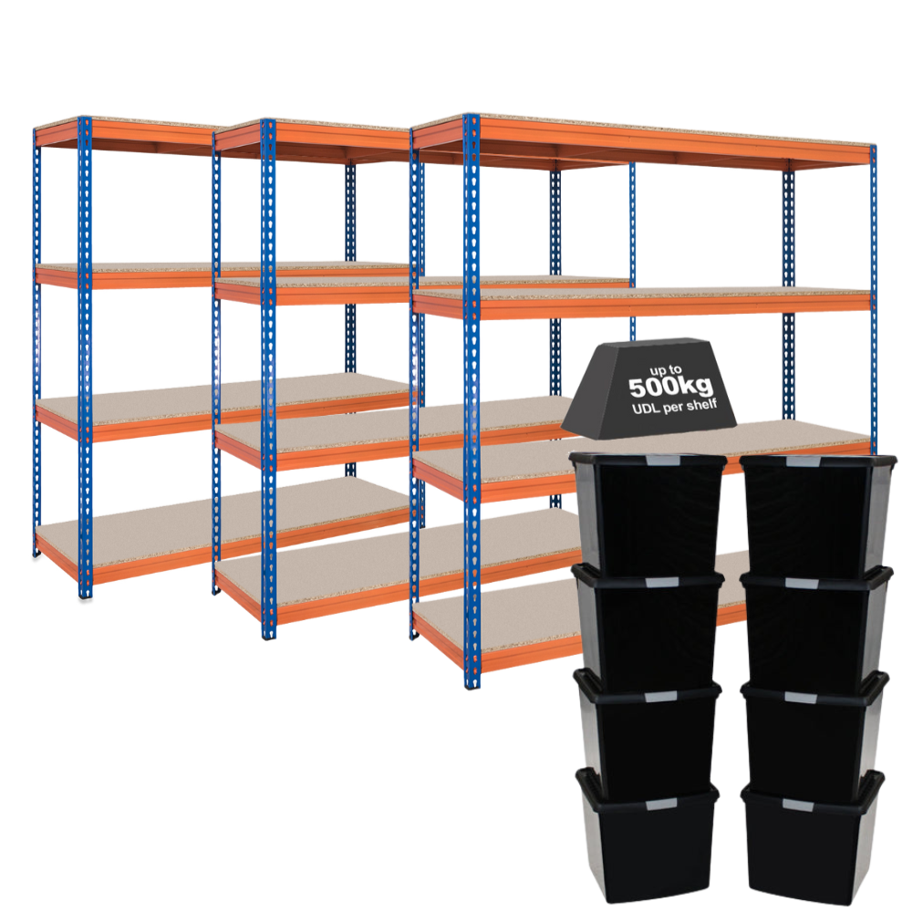 3x Storalex CRW Heavy Duty Shelving 1800mm High Blue/Orange with 8x 37L ...