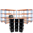 4x CRW Heavy Duty Shelving - 1600mm High - Blue & Orange with 12x 37L Wham DIY Plastic Storage Boxes