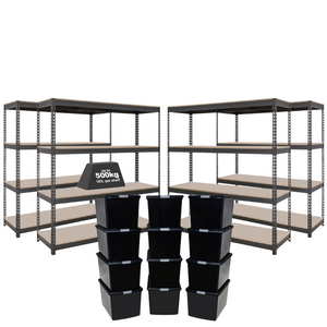 4x CRW Heavy Duty Shelving - 1800mm High - Grey with 12x 62L Wham DIY Plastic Storage Boxes