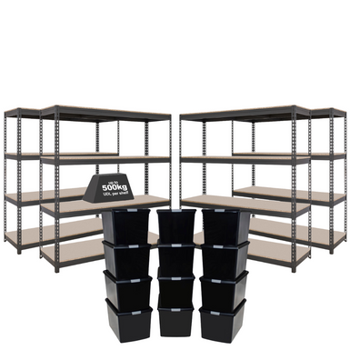 4x CRW Heavy Duty Shelving - 1600mm High - Grey with 12x 37L Wham DIY Plastic Storage Boxes