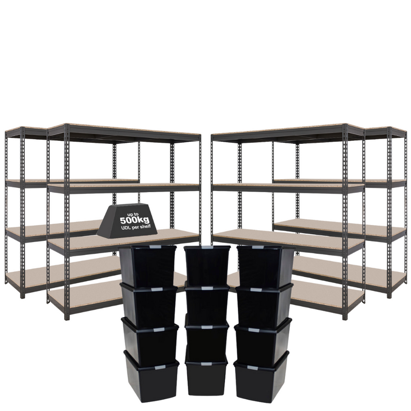 4x CRW Heavy Duty Shelving - 2200mm High - Grey with 12x 37L Wham DIY Plastic Storage Boxes