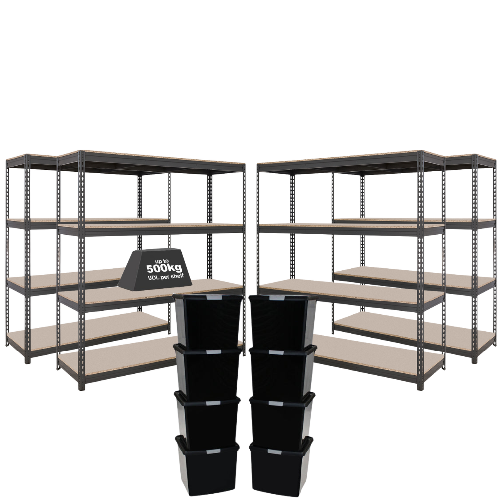 4x Storalex CRW Heavy Duty Shelving 2000mm High Grey with 8x 62L ...