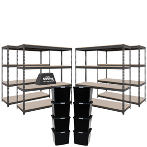 4x CRW Heavy Duty Shelving - 1600mm High - Grey with 8x 62L Wham DIY Plastic Storage Boxes