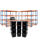 4x CRW Heavy Duty Shelving - 2000mm High - Blue & Orange with 12x 62L Wham DIY Plastic Storage Boxes