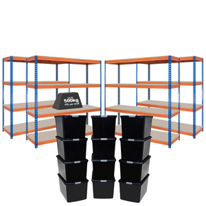 4x CRW Heavy Duty Shelving - 2000mm High - Blue & Orange with 12x 37L Wham DIY Plastic Storage Boxes