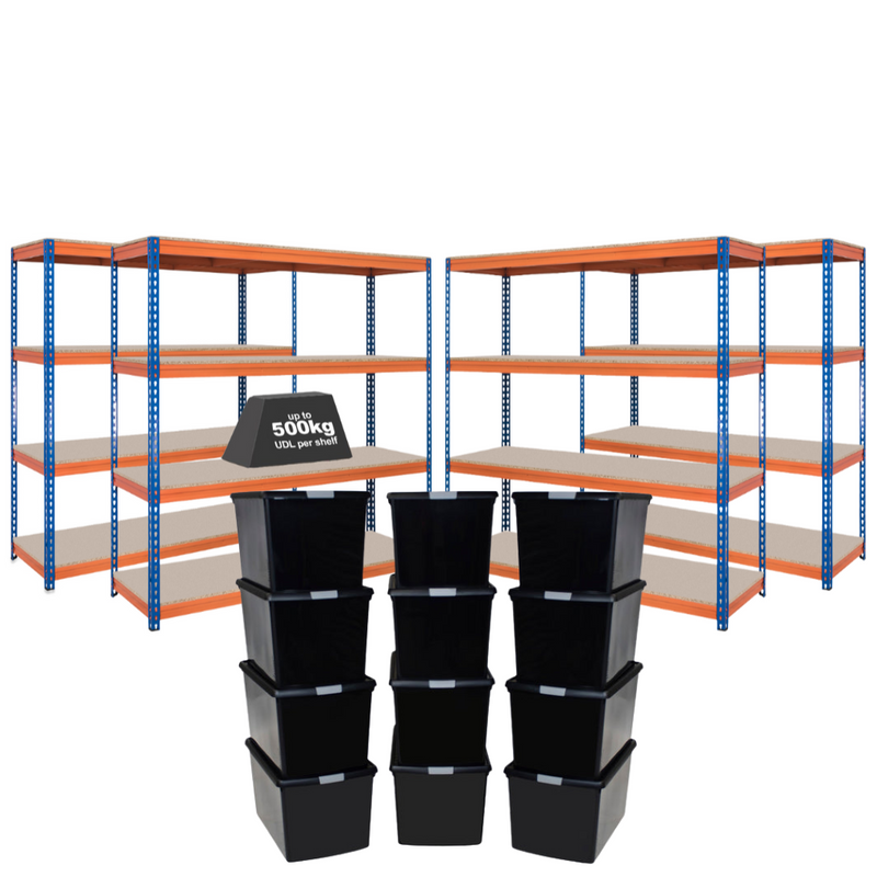 4x CRW Heavy Duty Shelving - 2000mm High - Blue & Orange with 12x 37L Wham DIY Plastic Storage Boxes
