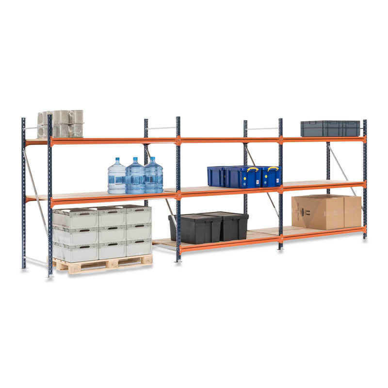 3x Mecalux Heavy Duty Longspan Shelving - 3000mm High - Blue & Orange