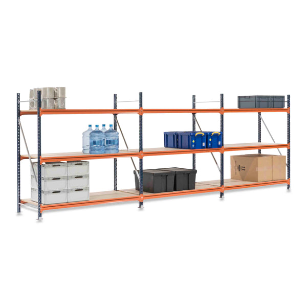 3x Mecalux Heavy Duty Longspan Shelving - 2000mm High - Blue & Orange