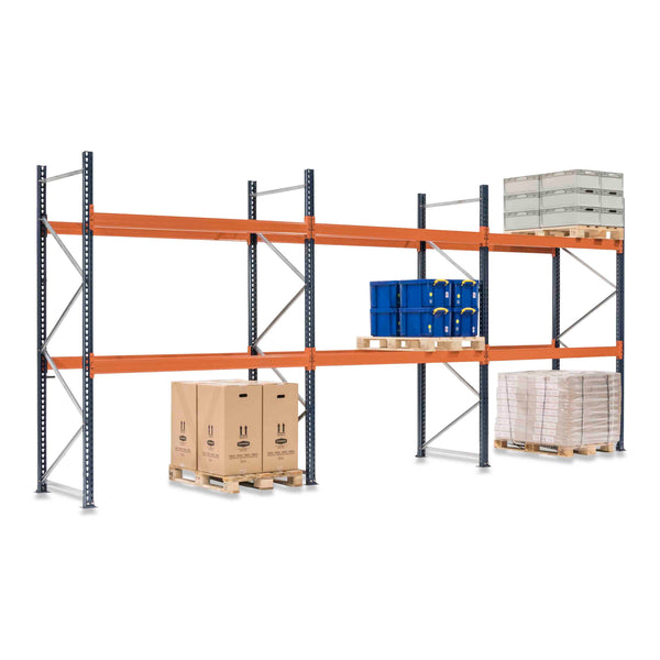 3x Pallet Racking Bays 1100mm deep - Holds Standard Pallets (1000w x 1200d mm) - Blue & Orange