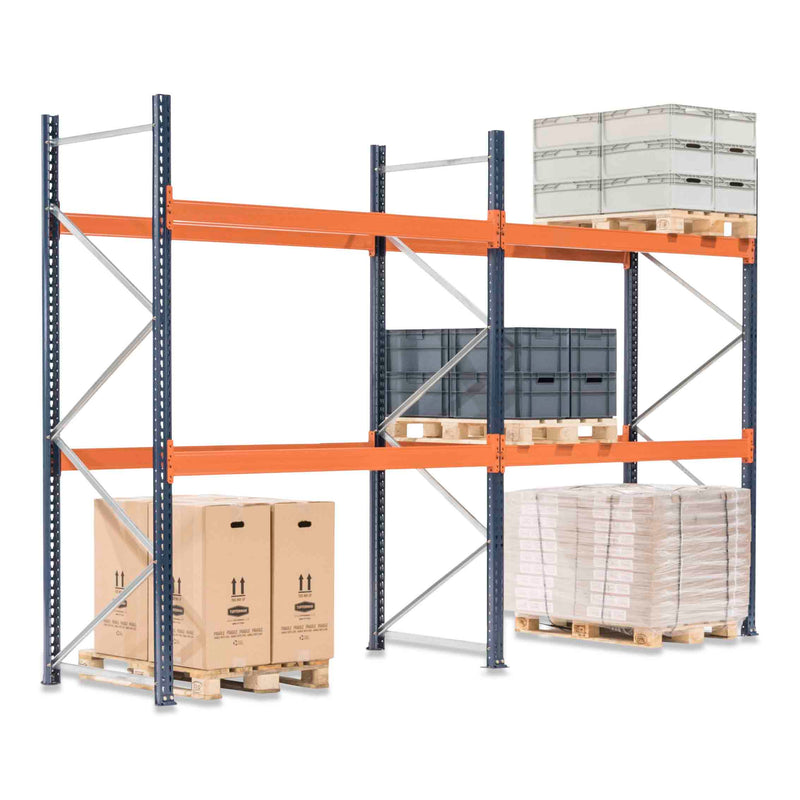 2x Pallet Racking Bays 900mm deep - Holds Standard Pallets (1200w x 1000d mm) - Blue & Orange