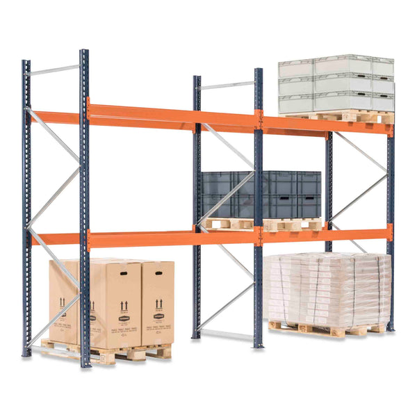 2x Pallet Racking Bays 1100mm deep - Holds Standard Pallets (1000w x 1200d mm) - Blue & Orange