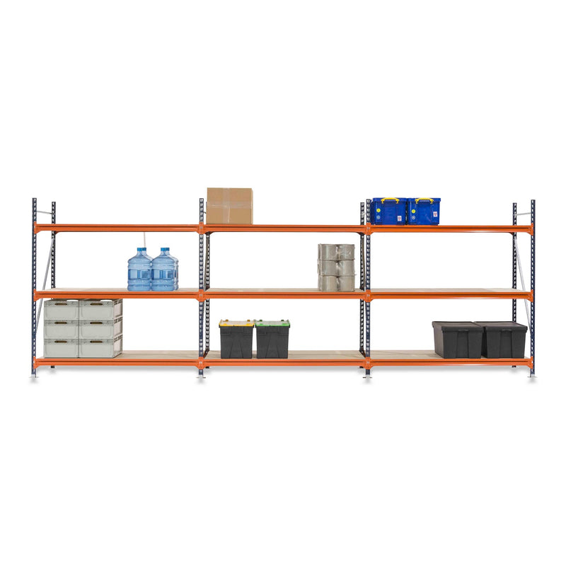 3x Mecalux Heavy Duty Longspan Shelving - 3000mm High - Blue & Orange