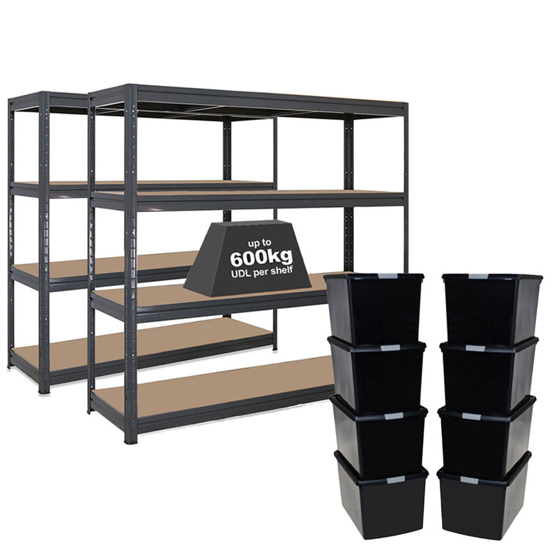 2x HRX Heavy Duty Shelving - 1770mm High - Grey with 8x 62L Wham DIY Plastic Storage Boxes