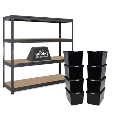1x HRX Heavy Duty Shelving - 1770mm High - Grey with 8x 62L Wham DIY Plastic Storage Boxes