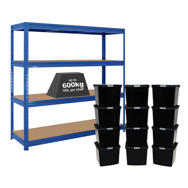 1x HRX Heavy Duty Shelving - 1770mm High - Blue with 12x 37L Wham DIY Plastic Storage Boxes