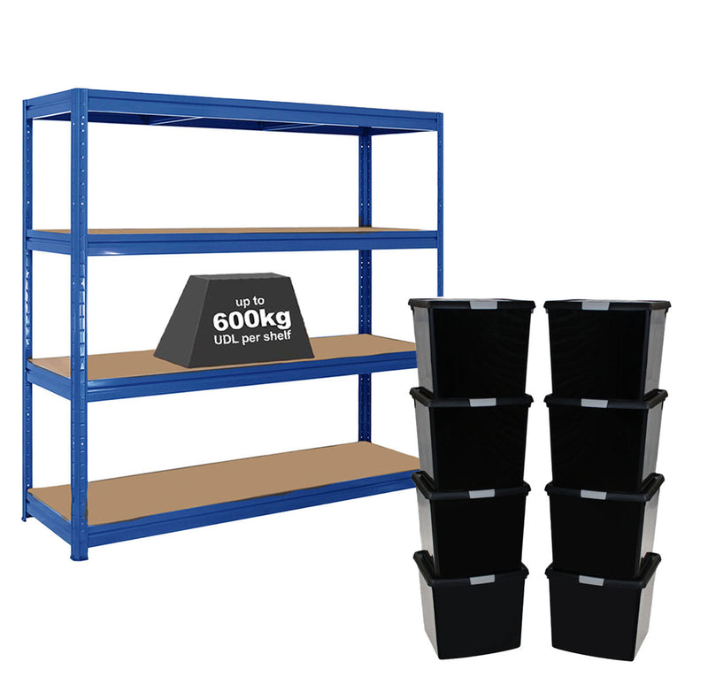 1x HRX Heavy Duty Shelving - 1770mm High - Blue with 8x 37L Wham DIY Plastic Storage Boxes