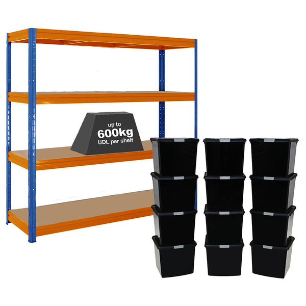 1x HRX Heavy Duty Shelving - 1770mm High - Blue & Orange with 12x 37L Wham DIY Plastic Storage Boxes