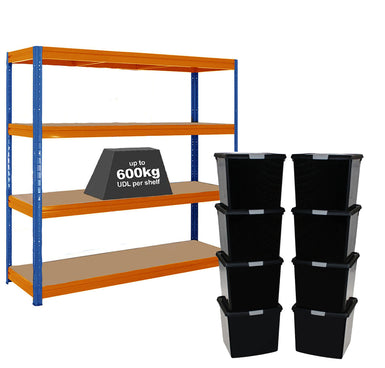 1x HRX Heavy Duty Shelving - 1770mm High - Blue & Orange with 8x 37L Wham DIY Plastic Storage Boxes