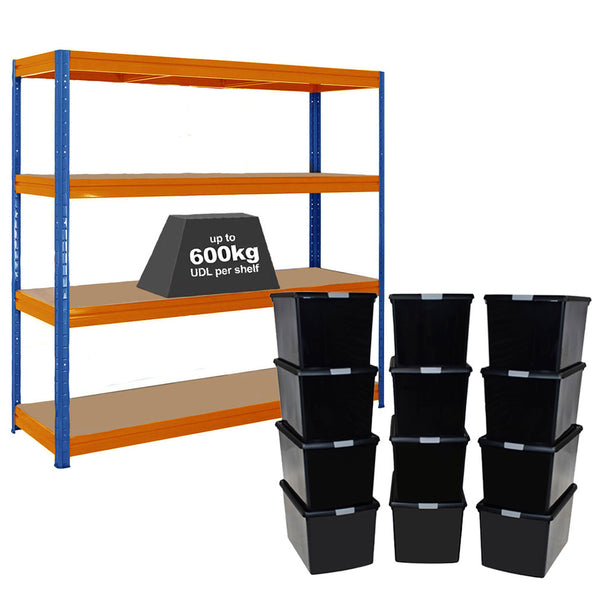 1x HRX Heavy Duty Shelving - 1770mm High - Blue & Orange with 12x 62L Wham DIY Plastic Storage Boxes