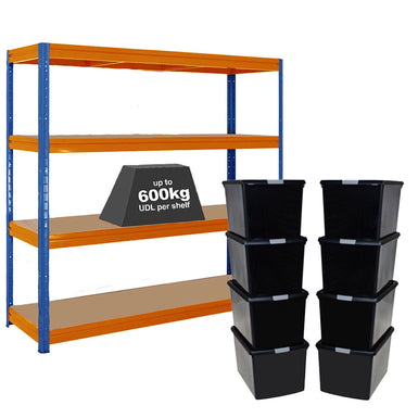 1x HRX Heavy Duty Shelving - 1770mm High - Blue & Orange with 8x 62L Wham DIY Plastic Storage Boxes