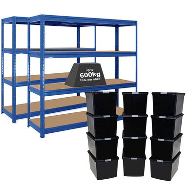 2x HRX Heavy Duty Shelving - 1770mm High - Blue with 12x 62L Wham DIY Plastic Storage Boxes