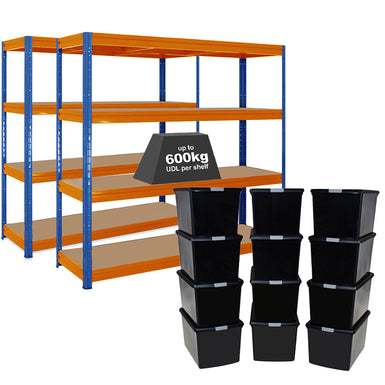 2x HRX Heavy Duty Shelving - 1770mm High - Blue & Orange with 12x 62L Wham DIY Plastic Storage Boxes